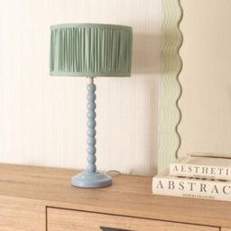 Valuelights Bobbins Powder Blue Table Lamp With Ruched Pleated Green Drum Lamp Shade - thumbnail 3
