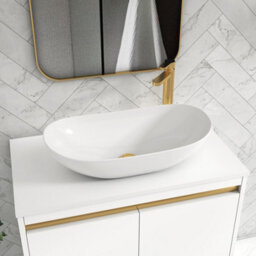 Royal Bathrooms Orion 800mm Matt White Floor Standing Plain White Countertop Vanity Unit 2 Door With Cesar Basin & Brushed Brass Accent Trim - thumbnail 5
