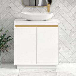 Royal Bathrooms Orion 800mm Matt White Floor Standing Plain White Countertop Vanity Unit 2 Door With Cesar Basin & Brushed Brass Accent Trim - thumbnail 2