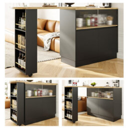 Btm 360 Swivel Dining Bar Table 90X45X100Cm, Black, With Shelves  Glass, Modern Sideboard For Kitchen Or Restaurant