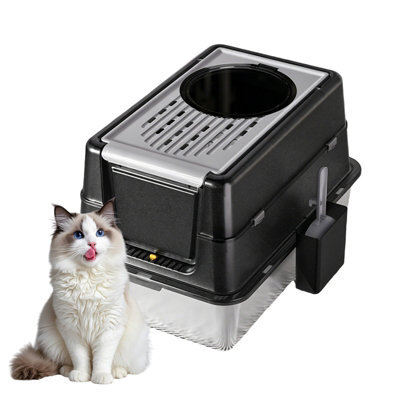 London Boutique Stainless Steel Cat Litter Tray, Enclosed Cat Litter Box, High Sides, Scoop, Black, 60X40X43.5Cm - image 1