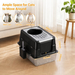 London Boutique Stainless Steel Cat Litter Tray, Enclosed Cat Litter Box, High Sides, Scoop, Black, 60X40X43.5Cm - thumbnail 2