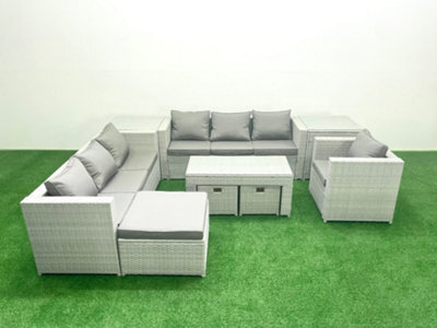 Fimous Wicker Pe Rattan Sofa Garden Furniture Set Oblong Coffee Table Armchair 3 Stools 2 Side Tables Light Grey - image 1