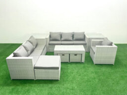 Fimous Wicker Pe Rattan Sofa Garden Furniture Set Oblong Coffee Table Armchair 3 Stools 2 Side Tables Light Grey - thumbnail 1