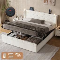 Btm 5Ft King Upholstered Bed With Hydraulic Storage, Diamond Tufted Headboard, Usb & Type-C, Velvet Beige - thumbnail 1