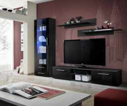"Arte Galino A Entertainment Unit For Tvs Up To 75"" - Modern Black Gloss Front & Black Matt Carcass - W1800mm X H1900mm X D450mm" - thumbnail 1