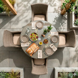 Dellonda Chester 5 Piece Rattan Garden Furniture Dining Set, Glass Table, Brown - thumbnail 8
