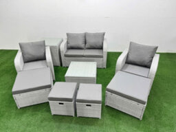 Fimous Outdoor Garden Furniture Set Pe Rattan Love Sofa Reclining Chair Set With Coffee Table 4 Footstools Side Table Light Grey - thumbnail 2