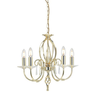 Elegant 5 Bulb Chandelier With Cut Glass Droplets And Curved Brass Stem - Led E14 60W Lighting