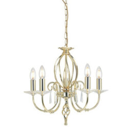 Elegant 5 Bulb Chandelier With Cut Glass Droplets And Curved Brass Stem - Led E14 60W Lighting