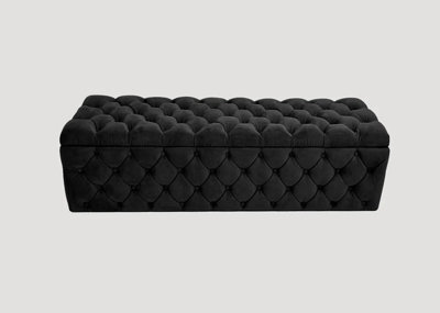 180Cm Wide Lux Ottoman Storage Box, Black Velvet Upholstered Chesterfield Storage Ottoman Box - image 1