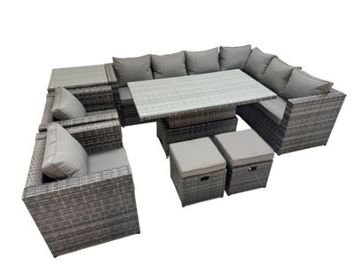 Fimous 10 Seater Rattan Height Adjustable Rising Lifting Table Sets With 2 Chairs 2 Small Stools Side Table Dark Grey Mixed - image 1