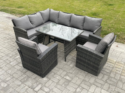 Fimous Rattan Garden Furniture Corner Sofa Set With Oblong Dining Table 2 Armchairs 8 Seater Outdoor Rattan Set - image 1