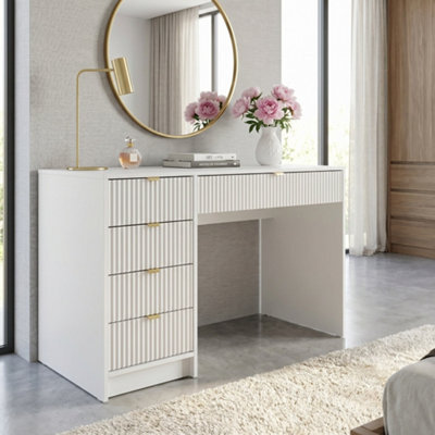 Home Office Desk With Drawers Tireno White Velvet Laminated Mdf Grooved Fronts Modern Workstation For Bedroom Study Room - image 1