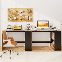 Costway Writing Desk With Storage Shelves Modern Wooden 112 X 60 Cm Office Desk-Brown - thumbnail 7