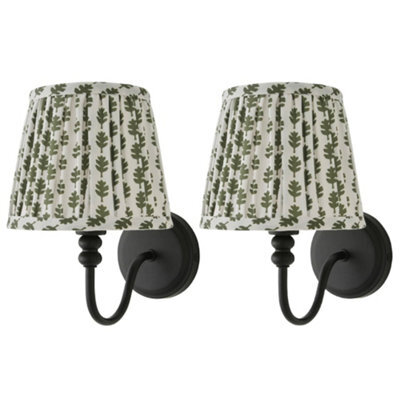 Valuelights Binky Pair Of Black Rechargeable Wall Lights With Green Floral Shade