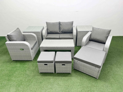 Fimous Light Grey Pe Wicker Rattan Garden Furniture Set Sofa Set Reclining Adjustable Chair 7 Seater 3 Stools 2 Side Table - image 1