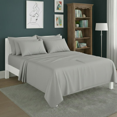 Plain Poly Cotton Easy Care Fitted Flat Sheet Matching Pillowcases Set Silver - image 1