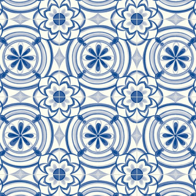 Portuguese Porcelain Floral Tile Vinyl  By Remland (Blue Floral Tile, 2M X 3M) - image 1