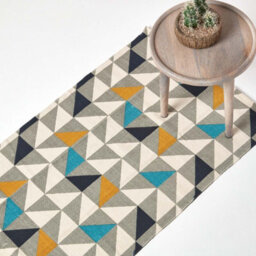 Homescapes Copenhagen Blue, Yellow And Grey 100% Cotton Geometric Style Scandi Printed Rug, 66 X 200 Cm - thumbnail 1