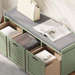 Homcom 3-Door Shoe Storage Bench Cushion Seat Slatted Doors, Green - thumbnail 8