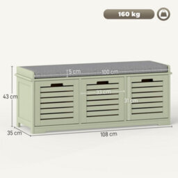 Homcom 3-Door Shoe Storage Bench Cushion Seat Slatted Doors, Green - thumbnail 3