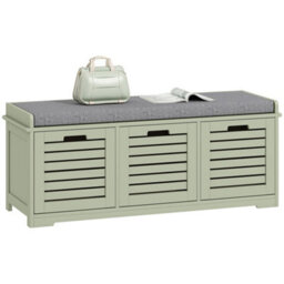 Homcom 3-Door Shoe Storage Bench Cushion Seat Slatted Doors, Green - thumbnail 2