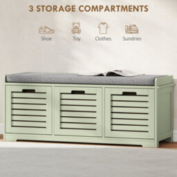 Homcom 3-Door Shoe Storage Bench Cushion Seat Slatted Doors, Green - thumbnail 4