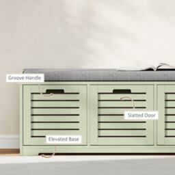 Homcom 3-Door Shoe Storage Bench Cushion Seat Slatted Doors, Green - thumbnail 6