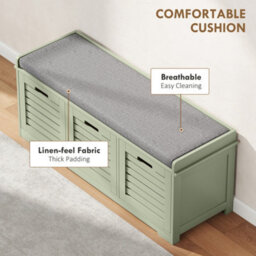 Homcom 3-Door Shoe Storage Bench Cushion Seat Slatted Doors, Green - thumbnail 5