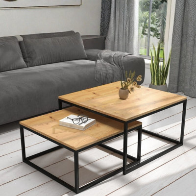 Kama 2 Piece Coffee Table Set Metal Base Legs Black With Artisan Oak Tops Modern Matching Duo In Large And Small Sizes - image 1