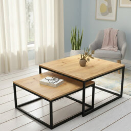 Kama 2 Piece Coffee Table Set Metal Base Legs Black With Artisan Oak Tops Modern Matching Duo In Large And Small Sizes - thumbnail 3