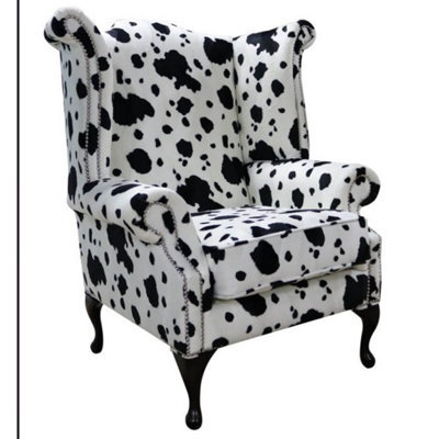 Chesterfield Saxon High Back Wing Chair Black Cow Animal Print Fabric In Queen Anne Style - image 1