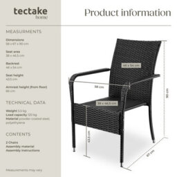 Tectake Rattan Garden Chair Girona - Polyrattan & Steel, Weather & Sun Resistant, Stackable - Black - Set Of 2 - thumbnail 6