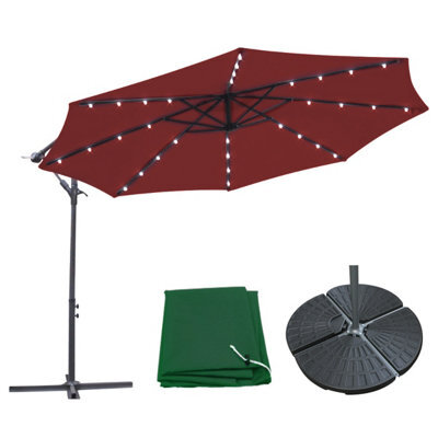 Sundaze 3M Wine Red Hanging Banana Cantilever Parasol Umbrella With Led Lights, Base Weights & Cover - image 1