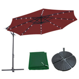 Sundaze 3M Wine Red Hanging Banana Cantilever Parasol Umbrella With Led Lights, Base Weights & Cover - thumbnail 1