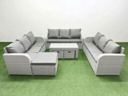 Fimous Pe Rattan Lounge Sofa Set 12 Seater Outdoor Garden Furniture Set Oblong Coffee Table 3 Seater Sofa 3 Stools Light Grey - thumbnail 2