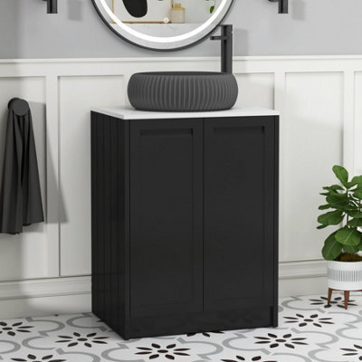Royal Bathrooms Royal Bathroom Elmore 600mm Nocturne Black Freestanding Bathroom Vanity Unit 2 Door Plain White Worktop With Milan Black Basin - image 1