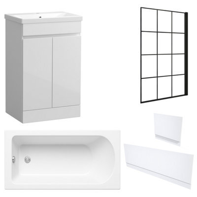 FNX Bathrooms Waterproof 600mm Vanity Unit With Single Ended Bath, Gloss White Panels & Matt Black Grid Bath Screen - image 1