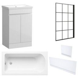 FNX Bathrooms Waterproof 600mm Vanity Unit With Single Ended Bath, Gloss White Panels & Matt Black Grid Bath Screen - thumbnail 1