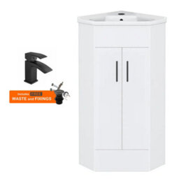 FNX Bathrooms Bubly Bathrooms™ Two Door Corner Vanity Unit & Basin Sink - 555mm - Gloss White With Black Tap - thumbnail 1