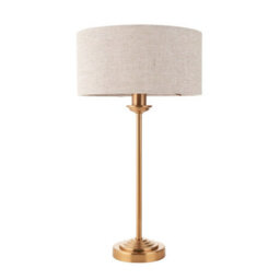 Luminosa Lighting Luminosa Highclere Table Lamp With Round Shade Vintage Brass, Natural Linen, 1X E14 - thumbnail 6