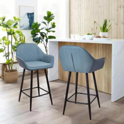Blue Set Of 2 Modern Bar Stool Faux Leather Kitchen Island Chair Pub Cafe Restaurant - thumbnail 2