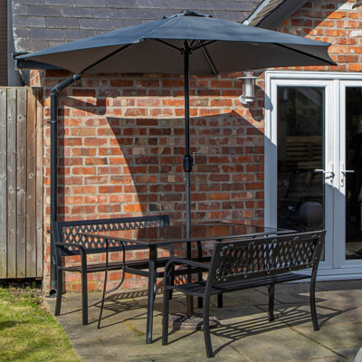 Samuel Alexander Outdoor 4 Person Rectangular Glass Top Garden Dining Table Benches With Grey Havana Parasol And Base Set - image 1