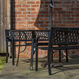 Samuel Alexander Outdoor 4 Person Rectangular Glass Top Garden Dining Table Benches With Grey Havana Parasol And Base Set - thumbnail 3