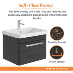 Plum&clay Emery Textured Black Wall Hung Bathroom Vanity Unit & Basin Set With Chrome Handles (W)60Cm (H)46Cm - thumbnail 4