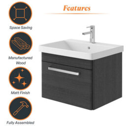 Plum&clay Emery Textured Black Wall Hung Bathroom Vanity Unit & Basin Set With Chrome Handles (W)60Cm (H)46Cm - thumbnail 6