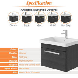 Plum&clay Emery Textured Black Wall Hung Bathroom Vanity Unit & Basin Set With Chrome Handles (W)60Cm (H)46Cm - thumbnail 5