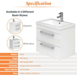Plum&clay Novela Gloss White Wall Hung Vanity Unit With Ceramic Basin Bathroom Furniture (W)600mm - thumbnail 5