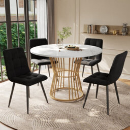 Btm 5 Piece Dining Set, Round 100Cm Table With Gold Metal Legs, White Mdf Top  4 Black Velvet Dining Chairs - thumbnail 2